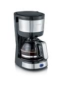 Kaffeemaschine in Schwarz und Silber. Mit Glaskanne und blauer Kontrollleuchte.