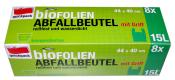 Grüne Verpackung mit Abfallbeuteln. 8 Beutel, 15 Liter, reißfest und wasserfest.