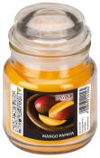 Glasbehälter mit gelber Duftkerze. Auf dem Etikett sind Mangos und Papaya abgebildet.
