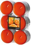 Sechs orangefarbene Teelichter in Aluminiumhülsen. Verpackt in einer durchsichtigen Folie.