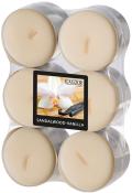 Sechs Teelichter in einer transparenten Verpackung. Farbton: creme. Duft: Sandelholz-Vanille. Aufkleber mit einer Orchidee und dem Produktnamen.