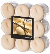 Acht kleine, cremefarbene Teelichter in einer transparenten Verpackung. Auf dem Etikett steht 'Vanilla' mit einem Bild von Vanilleschoten.