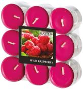 Zehn pinke Teelichter in einer transparenten Verpackung. Auf dem Etikett steht 'Wild Raspberry'.