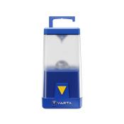 tragbare Lampe in Blau. Transparente Oberseite. Gelbes Dreieck auf der Vorderseite. Haken zum Aufhängen.
