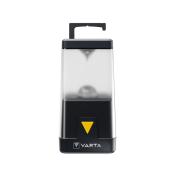 tragbare LED-Lampe in transparentem Gehäuse. Schwarze Unterseite mit gelbem Knopf. Haken zum Aufhängen oben.
