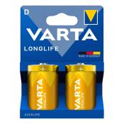 Zwei gelbe Alkaline-Batterien im Blister. Auf der Verpackung steht 'VARTA LONGLIFE'. Hergestellt in Deutschland.