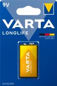 9V Batterie von VARTA in gelber und blauer Verpackung. Aufschrift 'LONGLIFE' und 'BATTERY EXPERTS SINCE 1887'.