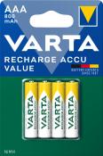 Vier AAA-Akkus in einer Verpackung. Die Akkus sind gelb und grün mit der Aufschrift VARTA.