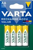 Packung mit vier AA-Akkus. Gelb und grün beschriftet. Kapazität 2100 mAh. Marke VARTA. Hinweis auf wiederaufladbar.