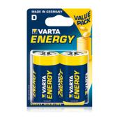 Zwei D-Batterien in einer Verpackung. Die Batterien sind gelb und blau mit der Aufschrift VARTA ENERGY.