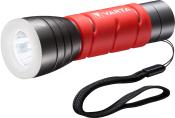 Taschenlampe in rot und schwarz. Rundes Lampengehäuse mit Griff und Trageschlaufe.