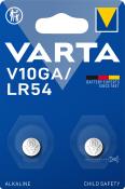 Blisterverpackung mit zwei kleinen Batterien. Auf der Verpackung steht VARTA V10GA/LR54.
