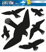 Schwarze Silhouetten von Vögeln in verschiedenen Flugpositionen. Selbstklebende Folie für Fenster.