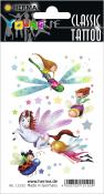 Bogen mit temporären Tattoos. Illustrationen von Feen, einem Einhorn und Insekten.