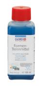 Flasche mit blauem Inhalt und rotem Deckel. Beschriftung mit Informationen zu einem Trennmittel für Formen.