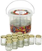 Transparente Kunststoffbox mit 14 kleinen Glasgefäßen. Die Gefäße haben goldene Deckel.