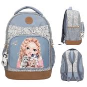 blauer Rucksack mit einem Bild eines Mädchens und drei Katzen. Der Rucksack hat ein florales Muster und braune Akzente.