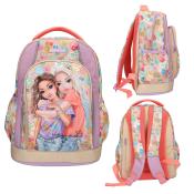 Rucksack mit buntem Design und zwei Mädchen auf der Vorderseite. Farbenfroh mit verschiedenen Mustern und Taschen.