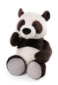 Plüschpanda mit braun-weißer Färbung. Sitzt aufrecht und hat große, runde Augen.