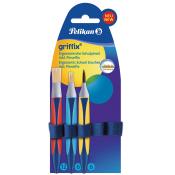 Set mit drei ergonomischen Schulpinseln in verschiedenen Farben. Enthält Pinsel mit unterschiedlichen Borstenformen.