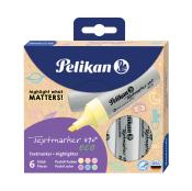 Packung mit sechs Textmarkern in Pastellfarben. Die Marker sind umweltfreundlich aus recyceltem Plastik.