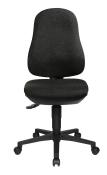 Schwarzer Bürostuhl mit ergonomischer Rückenlehne. Rollen und Höhenverstellung vorhanden.