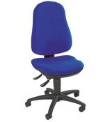 Bürostuhl mit blauer Polsterung. Hoher Rücken, ergonomische Form. Rollen und Höhenverstellung vorhanden.