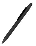 schwarzer Kugelschreiber mit einer glatten Oberfläche. Hat eine Kappe und einen Touchscreen-Stift an der Spitze.