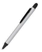 silberner Kugelschreiber mit schwarzem Clip und Spitze. Der Stift hat eine glatte Oberfläche.
