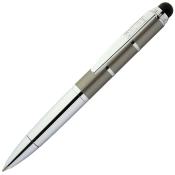 silberner Kugelschreiber mit schwarzem Griff. Der obere Teil hat eine Touchscreen-Funktion.