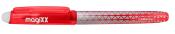 roter Radiergummi-Stift mit transparentem Gehäuse. Silberne geometrische Muster. Kappe auf einer Seite.