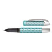 Türkisfarbener Stift mit silberner Kappe. Das Design hat ein Rautenmuster.