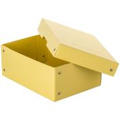 Gelbe Aufbewahrungsbox mit abnehmbarem Deckel. Die Box hat eine einfache, rechteckige Form.