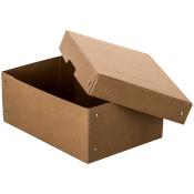 braune Aufbewahrungsbox aus Karton. Offener Deckel, rechteckige Form. Metallöse an den Ecken.