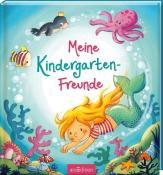 Buchcover mit dem Titel 'Meine Kindergarten-Freunde'. Illustrationen von Meereslebewesen und einem Mädchen als Meerjungfrau.