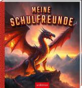 Buchcover mit dem Titel 'MEINE SCHULFREUNDE'. Abgebildeter Drache mit roten Flügeln und schwarzem Körper. Dramatische Landschaft im Hintergrund.
