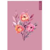 Notizbuch mit floralem Design. Hintergrund in Rosa, Blumen in Pink und Gelb.