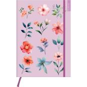 Notizbuch mit floralem Design auf lila Hintergrund. Verschiedene Blumenmuster in sanften Farben.