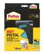 Schwarze Verpackung mit gelbem Logo von Pattex. Enthält eine Heißklebepistole und Klebesticks.
