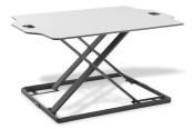 Höhenverstellbarer Tisch mit einer rechteckigen, weißen Tischplatte. Das Gestell ist aus schwarzem Metall.