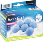 Verpackung mit blauen Waschbällen. Sechs Stück, zur Wäschepflege.