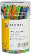 Transparente Dose mit bunten Deko-Pickern. 100 Stück, runde Köpfe, Farben: orange, grün, blau. Ideal für Partys.