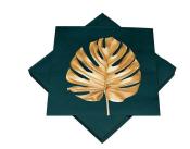 Servietten in dunklem Grün mit goldener Monstera-Blatt-Dekoration. Elegant und modern gestaltet.