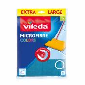 Verpackung eines Mikrofasertuchs von Vileda. Tuch ist blau, Größe extra groß.