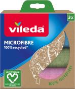 Verpackung mit drei Mikrofasertüchern. Farben: pink, grün, blau. 100% recyceltes Material. Umweltfreundliches Design.
