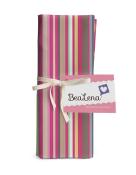 Stoff mit bunten Streifen in Pink, Lila und Grau. Verpackt mit einem Band und einem Etikett von BeaLena.