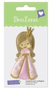 Aufbügler in Form einer Prinzessin. Rosa Kleid, goldene Krone, lächelndes Gesicht. Verpackung mit grünem Hintergrund.