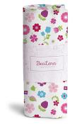 Stoffrolle mit buntem Blumenmuster auf weißem Hintergrund. Verpackt mit einem Etikett von BeaLena.