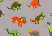 Stoffmuster mit bunten Dinosauriern in verschiedenen Farben. Hintergrund ist grau.