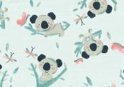 Muster mit niedlichen Koalas auf Ästen. Bunte Schmetterlinge und Blätter umgeben die Tiere.